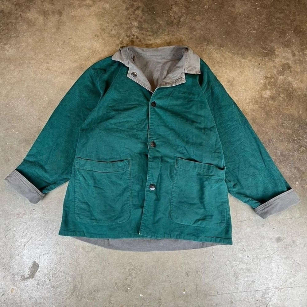 Vintage 70s reversible green chore jacket with grey collar and cuffs Mens‎ M